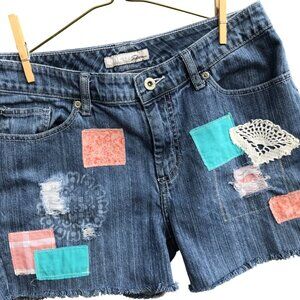 Upcycled Patchwork Cutoff Shorts, Bleached Distressed Ripped, Size 1